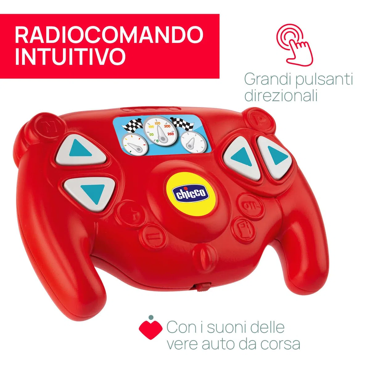 Chicco Tom Race RC, Macchinina Telecomandata, Design Sportivo, Telecomando Ergonomico e Intuitivo a Infrarossi, 4 Pulsanti Interattivi Direzionali, Suoni Reali Auto da Corsa, Giochi Bambini 2-6 Anni