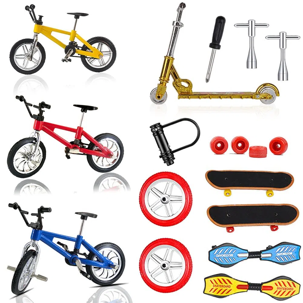 Morofme Set di 18 mini giocattoli per dita, skateboard per dita, bicicletta, monopattino, minuscolo, punta delle dita, ruote di ricambio, attrezzi