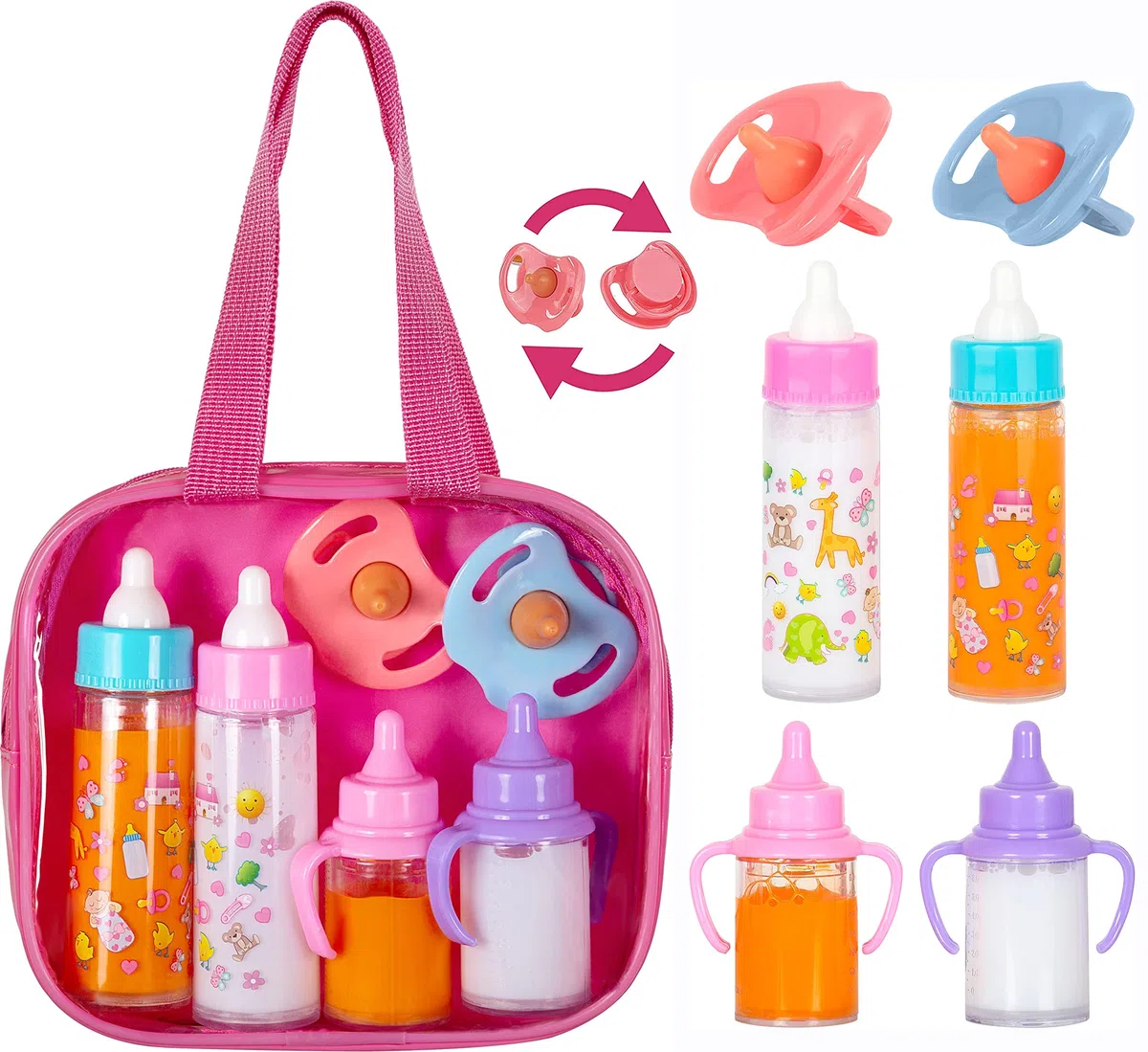 fash n kolor® Accessori per bambole per neonati, 6 accessori in borsa per pannolini, bottiglia magica, accessori per bambole, giocattoli, kit per la cura delle bambole, regali