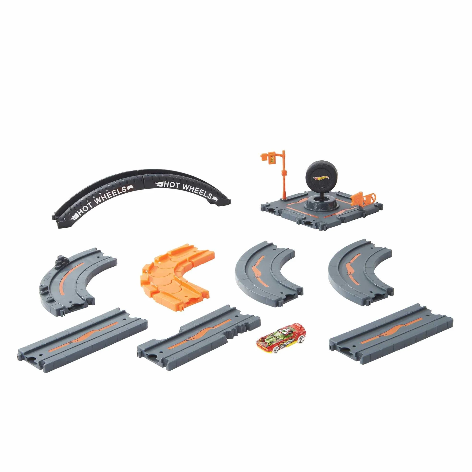 Hot Wheels - Pack di Espansione della City, set da 10 pezzi con base per pista e pezzi per costruire una destinazione urbana, macchinina Hot Wheels inclusa, giocattolo per bambini, 4+ anni, HDN95