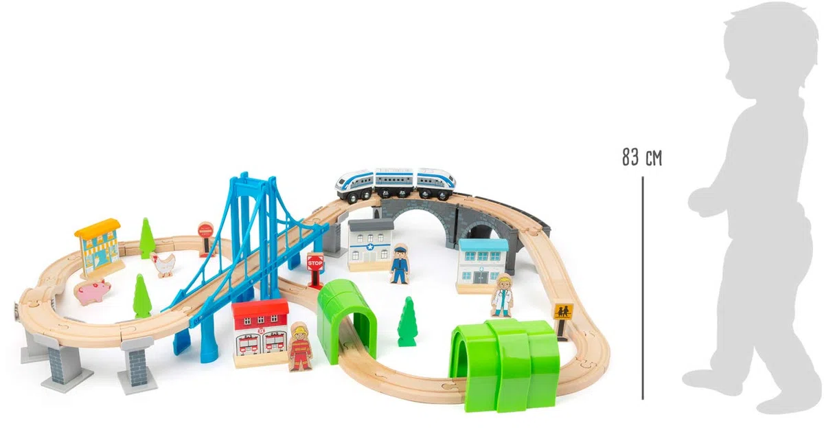 Small Foot 11492 Ferrovia in Legno Costruzione di Un Ponte, Legno, con Ponte sospeso e gallerie, Mondo di Gioco su Due Livelli