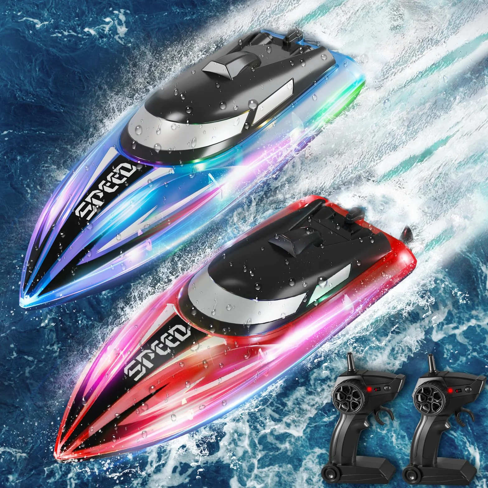 JONRRYIN Barca Telecomandata per Bambini, 2 Pezzi Impermeabile Barca Radiocomandata con Luce LED, 2,4 GHz Barca RC per Piscine e Laghi per Adulti e Bambini (Rosso+Blu)