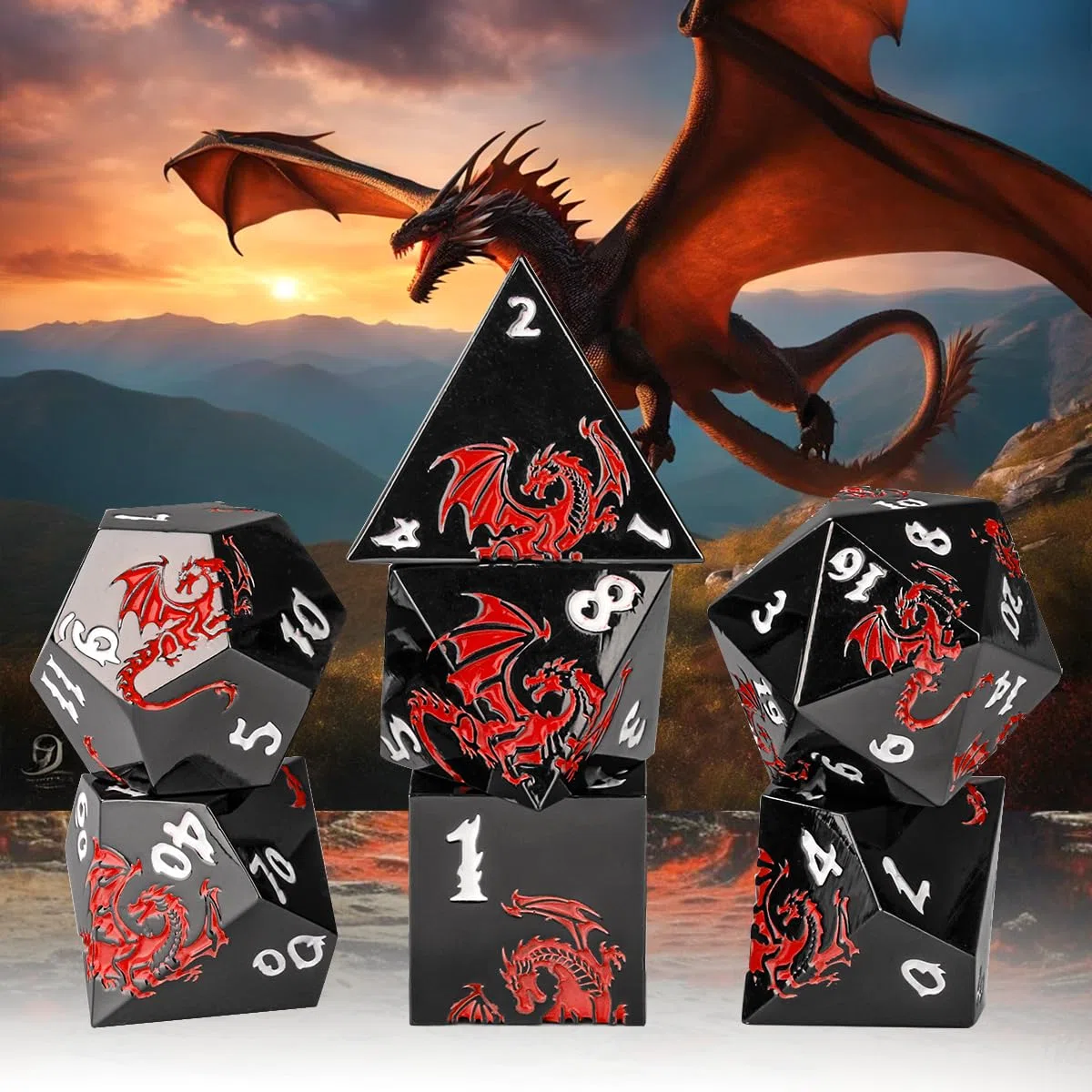 Set di 7 dadi poliedrici in metallo, motivo drago rosso piatto, D&D, con sacchetto regalo, D4 D6 D8 D10 (00-90 e 0-9) D12 D20, dadi per giochi di ruolo per D&D MTG, neri