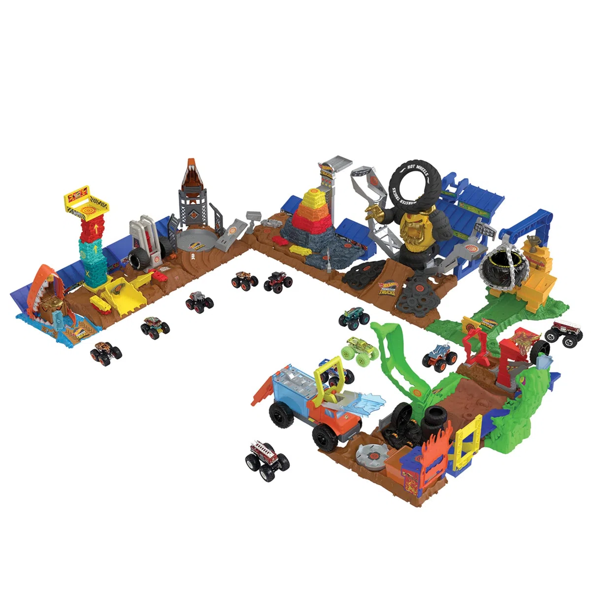 Hot Wheels Monster Trucks - Sfida del Morso per il Tesoro, playset Arena degli Scontri con MT Tiger Shark in scala 1:64 e 1 macchinina schiacciata, giocattolo per bambini, 4+ anni, HTP17