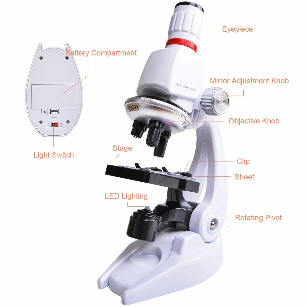 Microscopio Bambino, 100 x 400 x 1200 x Ingrandimento Scientifico Bambino Supporto Del Telefono Scatola di Plastica Microscopio Set per Bambini Studenti per l'Educazione Precoce