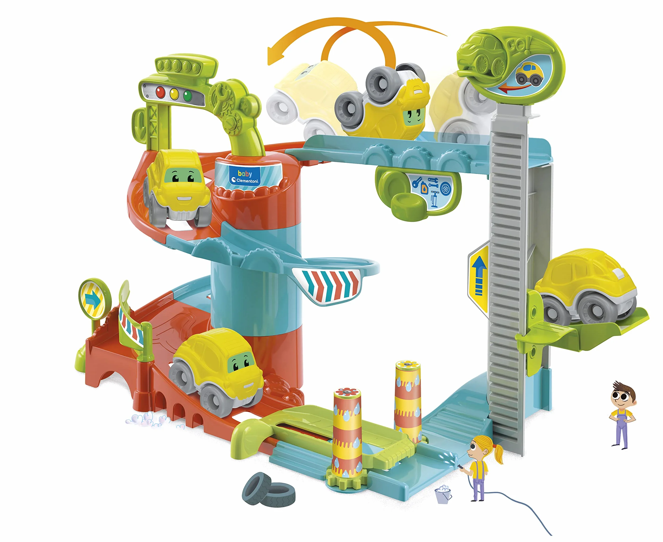 Baby Clementoni - Fun Garage Baby Track, Box e Pista Macchinine per Bambini 18+ Mesi, con 1 Macchinina, Gioco Prima Infanzia Made in Italy, Linea Play For Future, Stimola Manualità e Curiosità, 17404