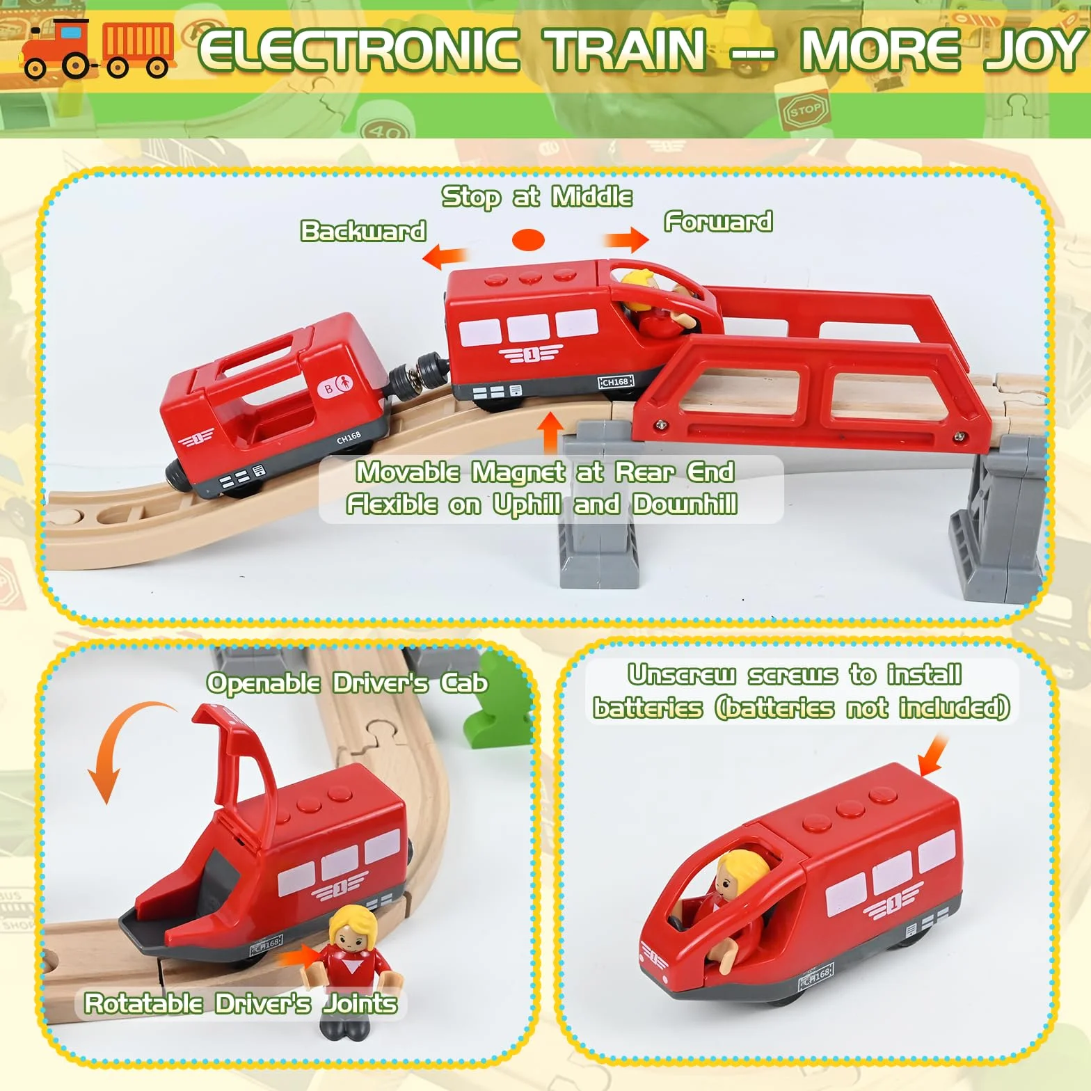 HERMORRYSS Treni in Legno per Bambini, Set di 100 pezzi Treni e Giocattoli in Legno, Ferrovia Ingegneristica con Gru Magnetica, Treno Elettrico, Figure Umane, Luci di traffico, Regalo per Bambini 3+