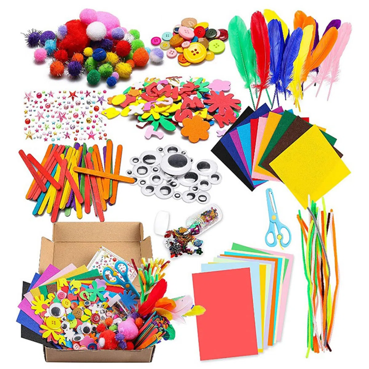 Lavoretti Creativi per Bambini, 1000+ Pezzi Kit Artigianali per Bambini,Arti e Mestieri per Bambini, DIY Art Craft Set con Piume, Paillettes, Pompon Lampeggianti Giocattoli per Bambini Bambina