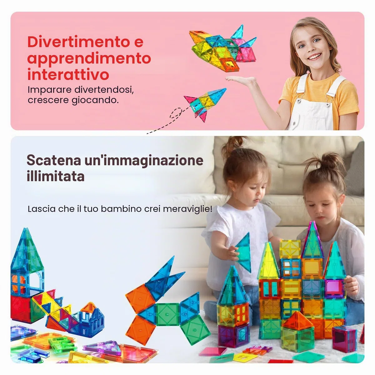 SURFOU Costruzioni Magnetiche 58 Pezzi, Blocchi da Costruzione Giocattoli Educativi STEM Montessori per Bambini 3-7 Anni, Giochi Educativi Creativi, Regalo Perfetto Ragazzi e Ragazze