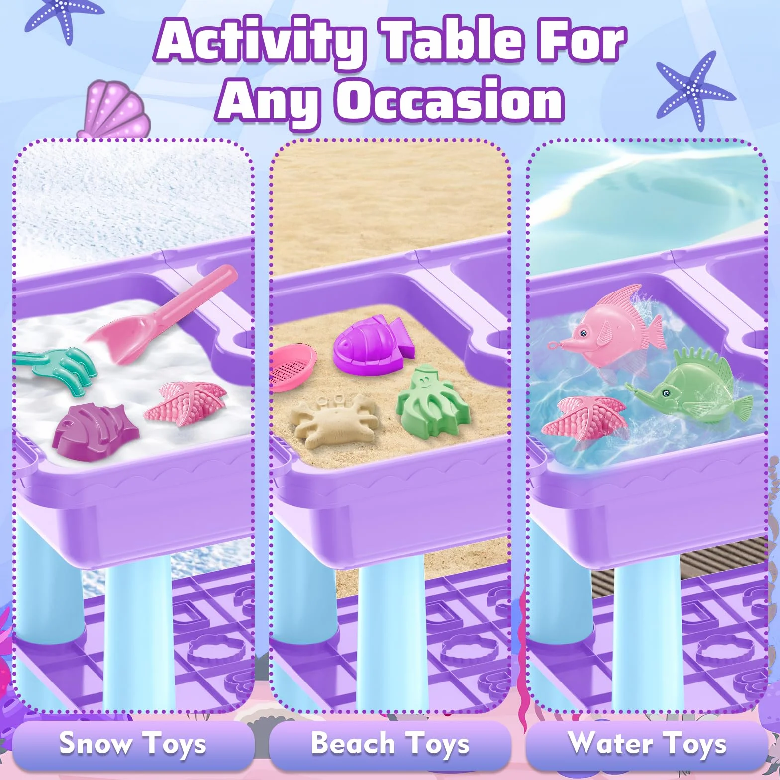 deAO Tavolo con Sabbia e Acqua per Bambini, Tavolo da Gioco, Tavolo Multifunzione, 26 PCS, 2 Canne da Pesca, Paletta per Sabbia, Ruota dell’Acqua, Tavolo da Gioco con Coperchio, 3 Anni+ (Viola)