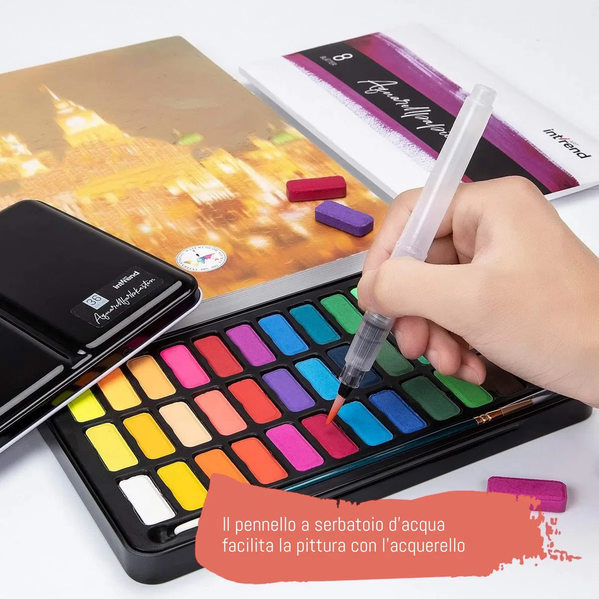 int!rend Set di Acquerelli Professionali di 55-36 Colori, 15 Fogli Acquerello, 2 Penne ad Acqua, 1 Pennello ed Una Matita - Kit Disegno ad Acquerello Professionale