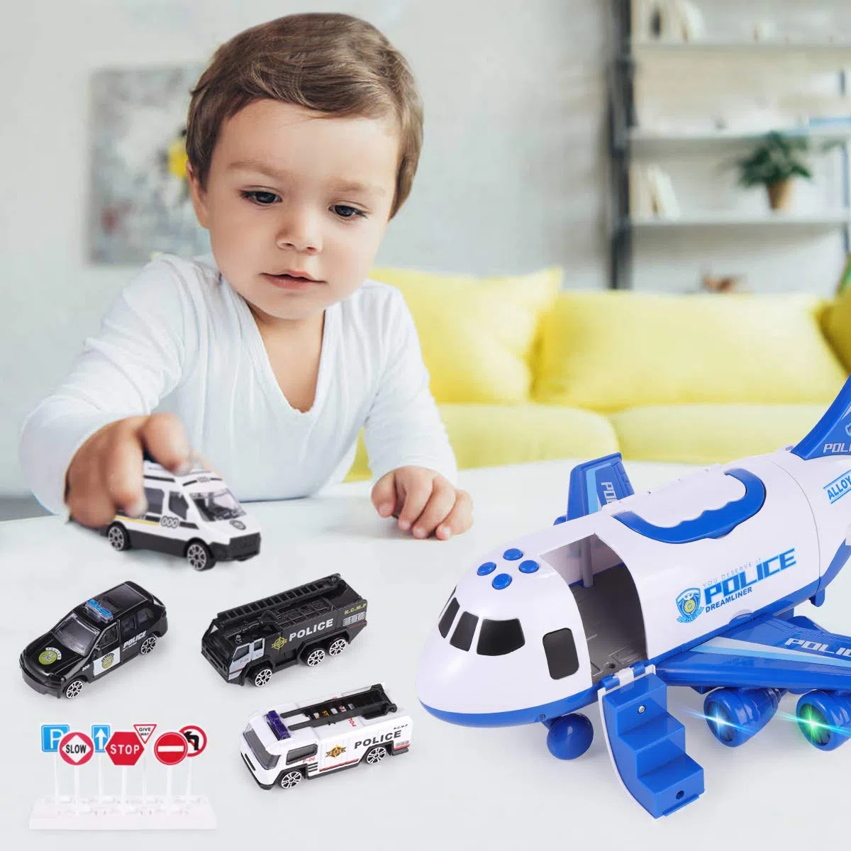 SHANNA Aerei Giocattolo Bambini, Aeroplano A Inerzia con Set di Giocattoli Educativi per Veicoli, 1 Aereo Grandi Dimensioni, 4 Auto in Lega Ragazzo Ragazze Regalo (Auto Polizia-Blu)