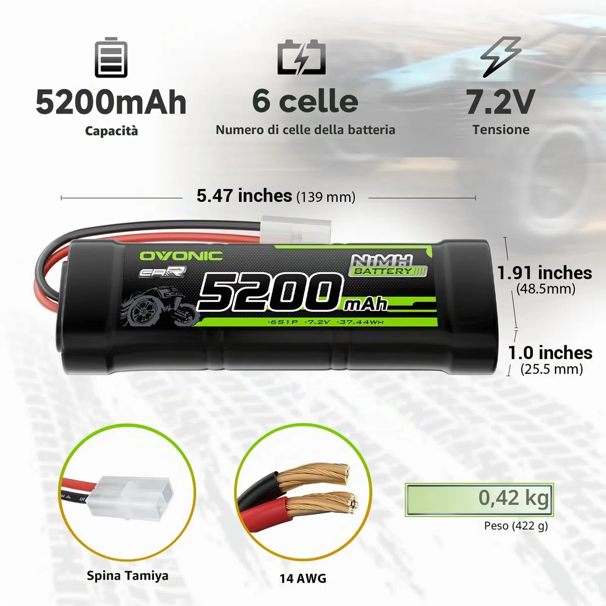 OVONIC Batteria NiMH da 7,2 V RC da 5200 mAh con connettore TMY per camion RC auto Truggy (2 pezzi)