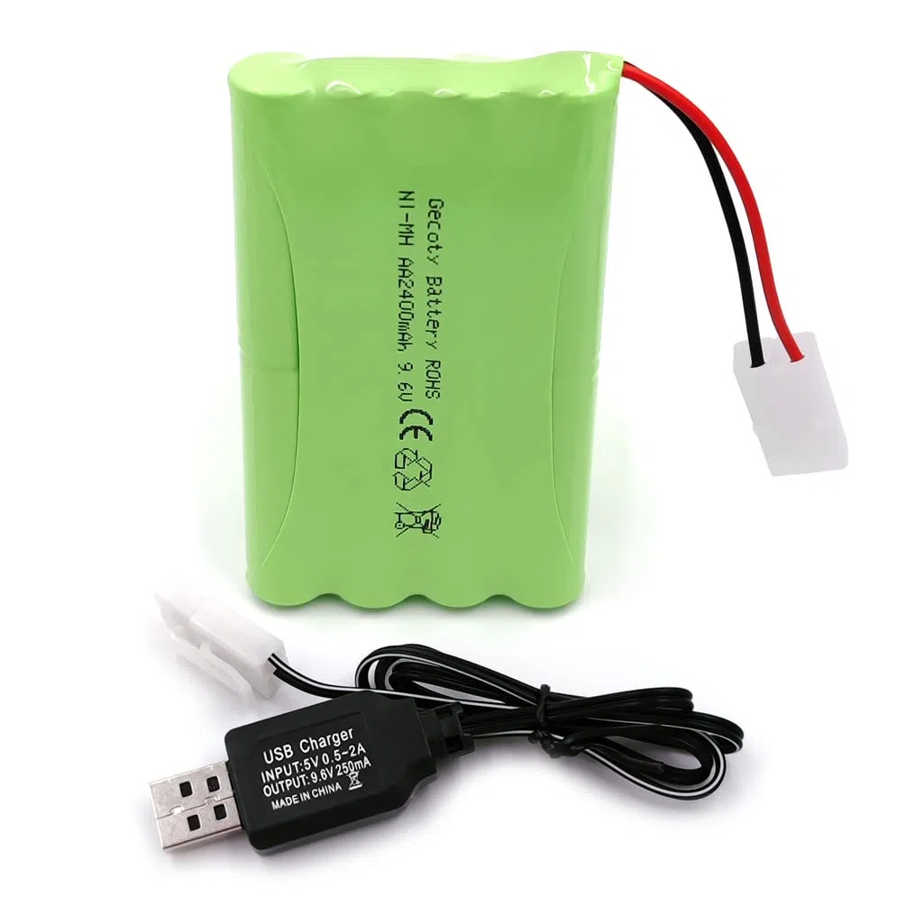 Batteria ricaricabile NiMH da 9,6 V, 2400 mAh, batteria AA con connettore KET 2P e cavo di ricarica, per camion, serbatoi e corazzate radiocomandate