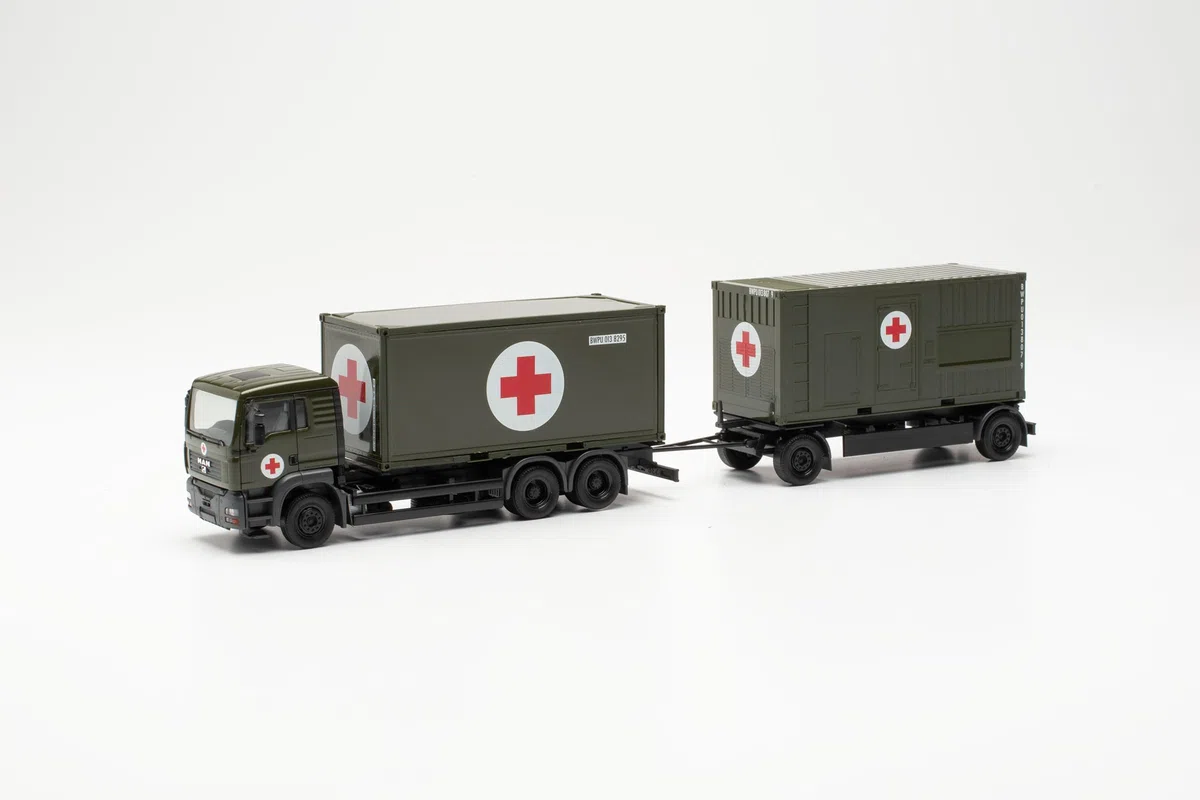 Herpa modello di camion MAN TGA L Container-Hängerzug "Bundeswehr/SAN", in scala 1:87, pezzo da collezione, modello tedesco, statuetta plastica