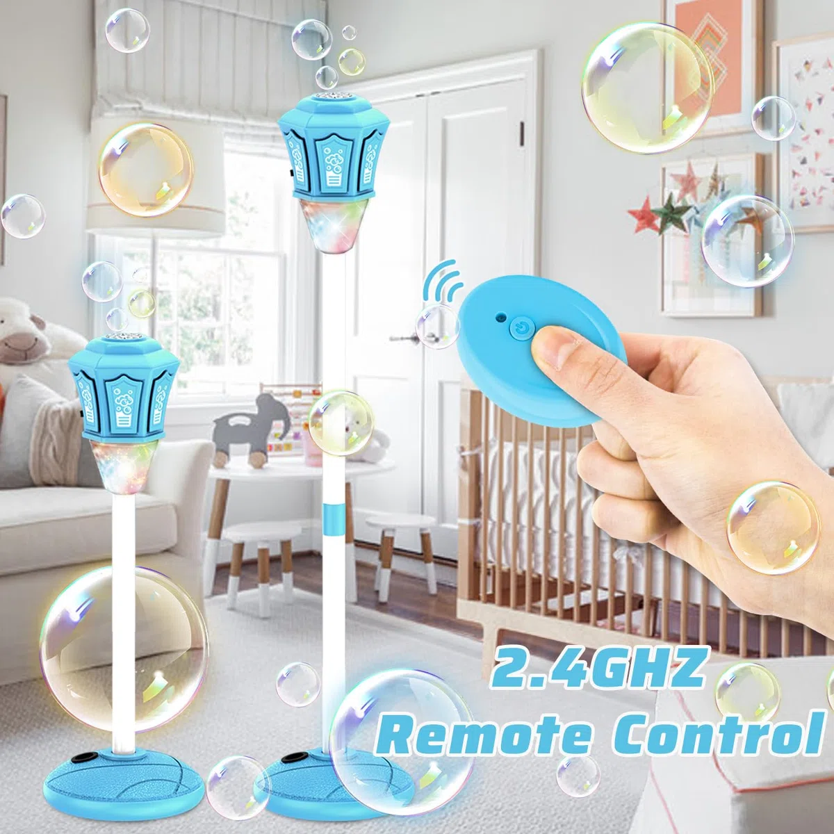 2026 Upgrade Macchina automatica per bolle per bambini all'aperto, con supporto ricaricabile per bolle, torcia con luce e musica, torcia per bolle regolabile, lampada da giardino per feste all'aperto