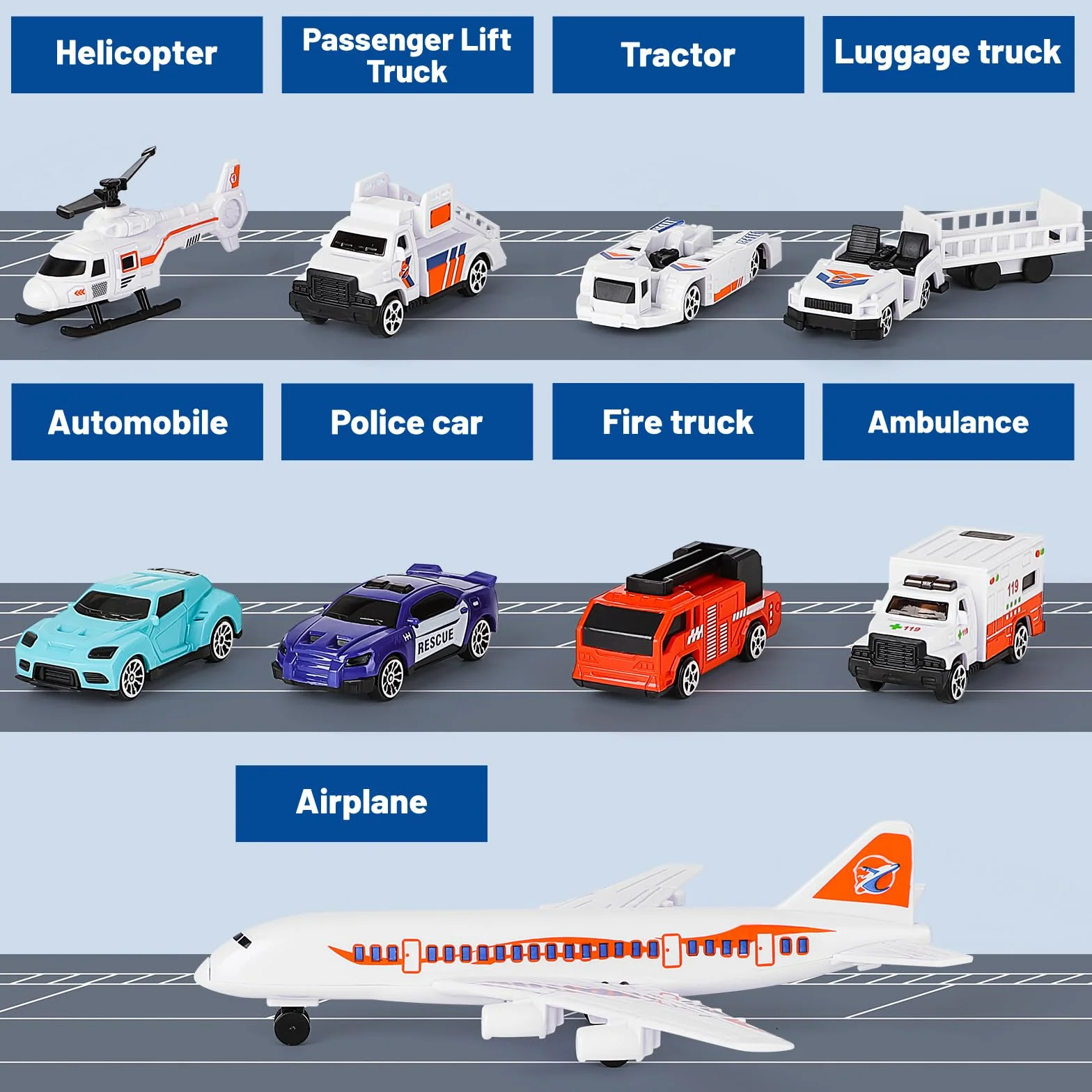 deAO Il Set Giocattolo il Terminal, la Torre Radar e 9 Veicoli: Carrelli per Bagagli, Auto Polizia, Aereo Passeggeri, Barriera Stradale e Personale a Terra. Perfetto per Bambini dai 3 ai 12 Anni