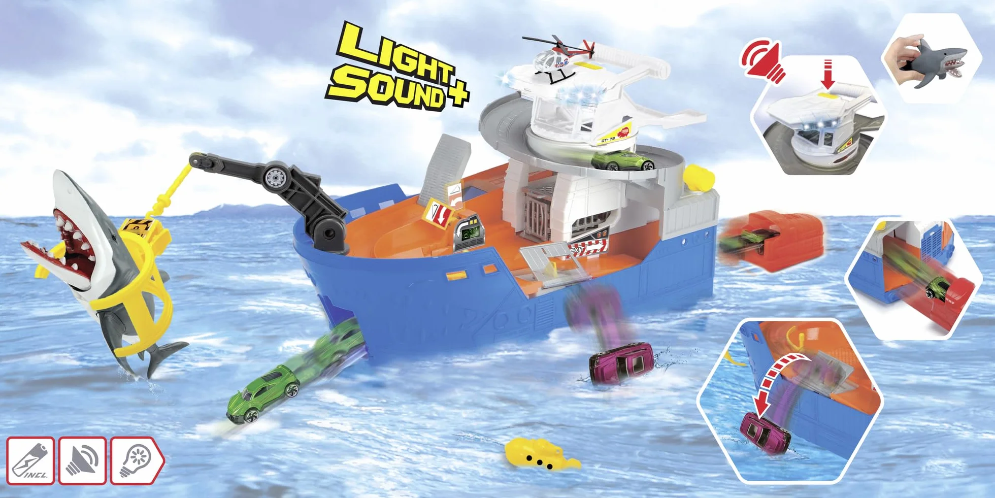 Dickie summer shark attack, barca cm. 50, con luci e suoni: gru che si muove, barca di salvataggio, inclusi 1 automobile die-cast, un elicottero, 1 sottomarino squeezy, 1 squalo
