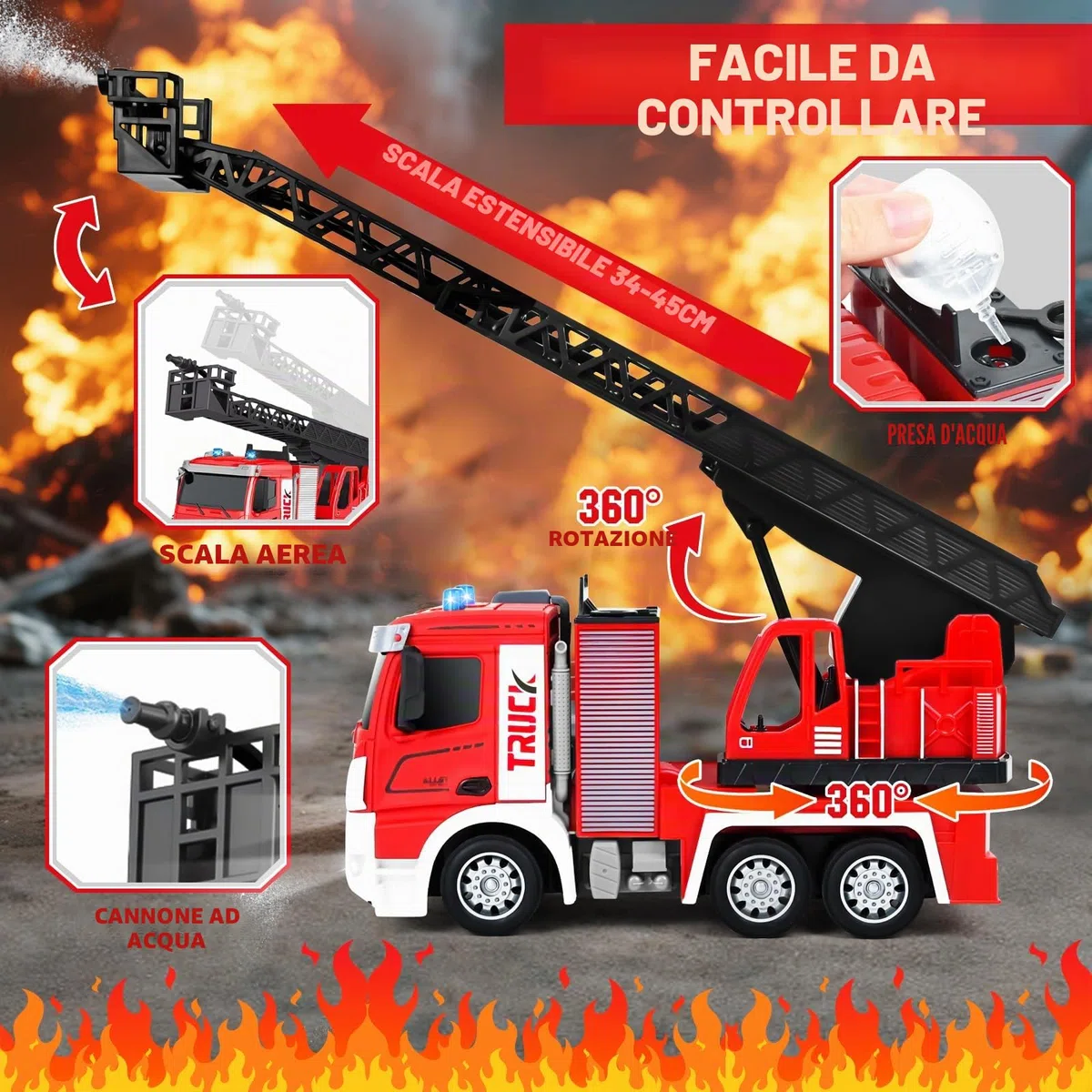 PATEMZON Camion Pompieri Giocattolo, Camion dei Pompieri con Spruzzi D'acqua, 60CM Scala Girevole e Accessori Giocattolo, Luci e Suoni, Autopompa 2.4GHz Regali per Bambine e Bambini Dai 3 Anni