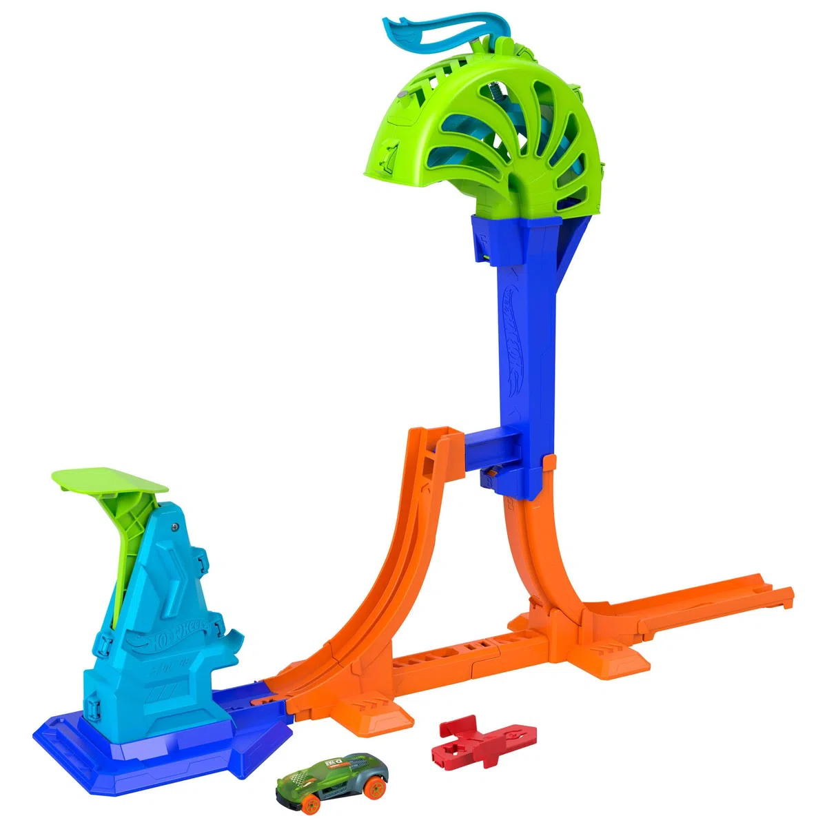 Hot Wheels Stunt Tracks - Campione del Power Launch, pista con sistema Speed Snap e veicolo incluso, salto di 45cm e Gabbia di Atterraggio per acrobazie mozzafiato, 4+ anni, JHK75