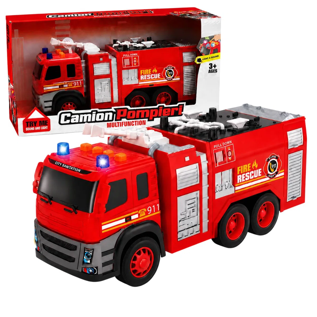 Camion Pompieri Luci e Suoni Camion Pompieri Giocattolo Grande per Bambini con Movimento a Frizione Luci Lampeggianti & Sirene Veicolo Giocattolo di Emergenza (A)