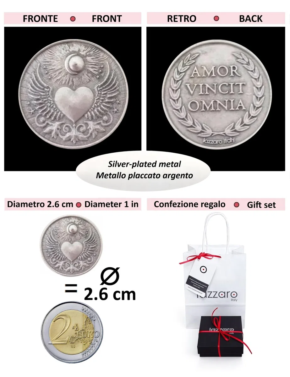 Moneta dell'amore per fortuna e protezione: "Amor vincit omnia" - Idea regalo donna, uomo, mamma, nonni – San Valentino, compleanni, ricorrenze – Metallo placcato argento – Made in Italy