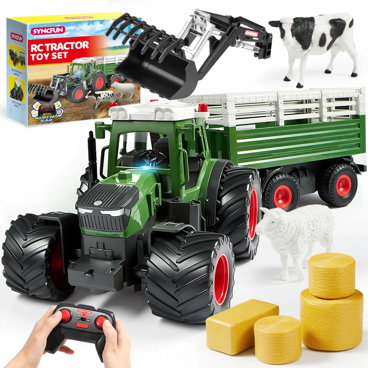 SYNCFUN Set di giocattoli trattore telecomandato grande veicolo agricolo con rimorchio, caricatore, luci e suoni