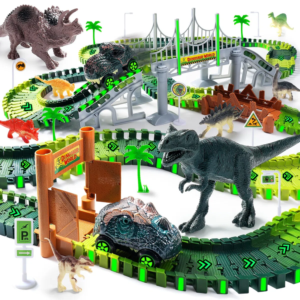 Pista Macchinine Dinosauro Giocattolo Autocarro Pista da Corsa Fai da te Giocattolo per Bambini con 2 Pezzi Dinosauri Auto per 3 4 5 6 Anni Ragazzi Ragazze compleanno festa favore regalo