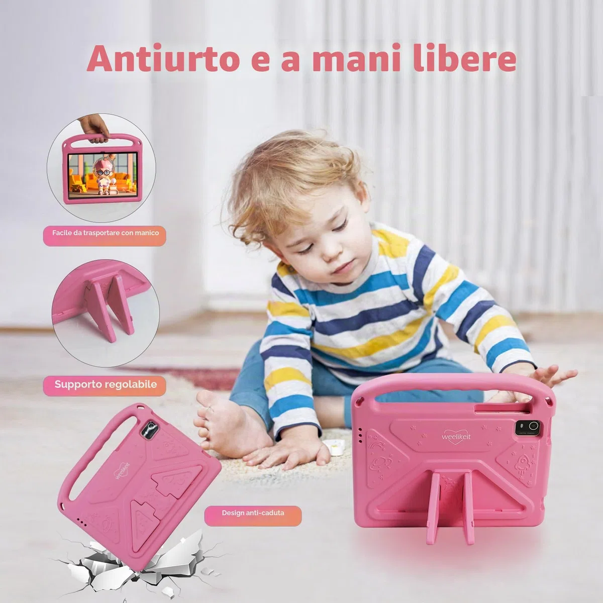 weelikeit Tablet per bambini aggiornato 2024 da 10 pollici Android 14 con custodia, 8 (4+4) GB di RAM 128 GB di ROM, Bluetooth WLAN, controllo bambini, schermo HD, batteria da 6000 mAh, rosa