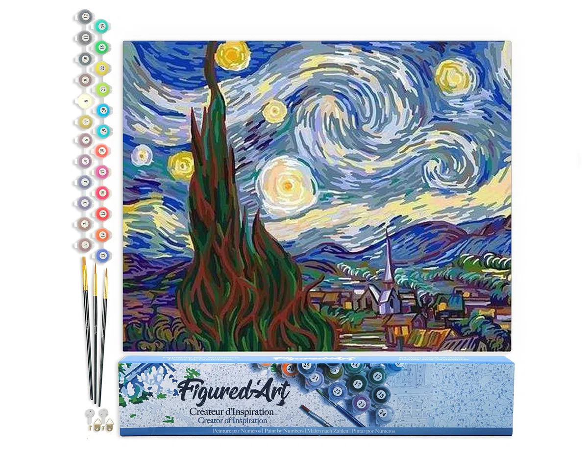 Figured'Art Dipingere con i Numeri - Paint by Numbers Van Gogh Notte Stellata, Passatempo per Adulti, Kit Completo, Hobby Creativi - Quadri fai da te 40x50cm senza cornice