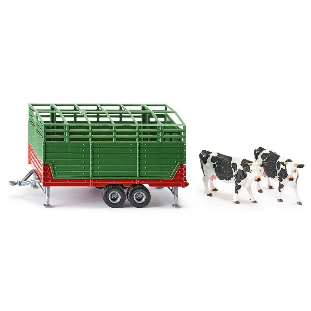 Siku 2875, Rimorchio per bestiame con 2 mucche Holstein, 1:32, Metallo,Plastica, Verde, Multifunzionale