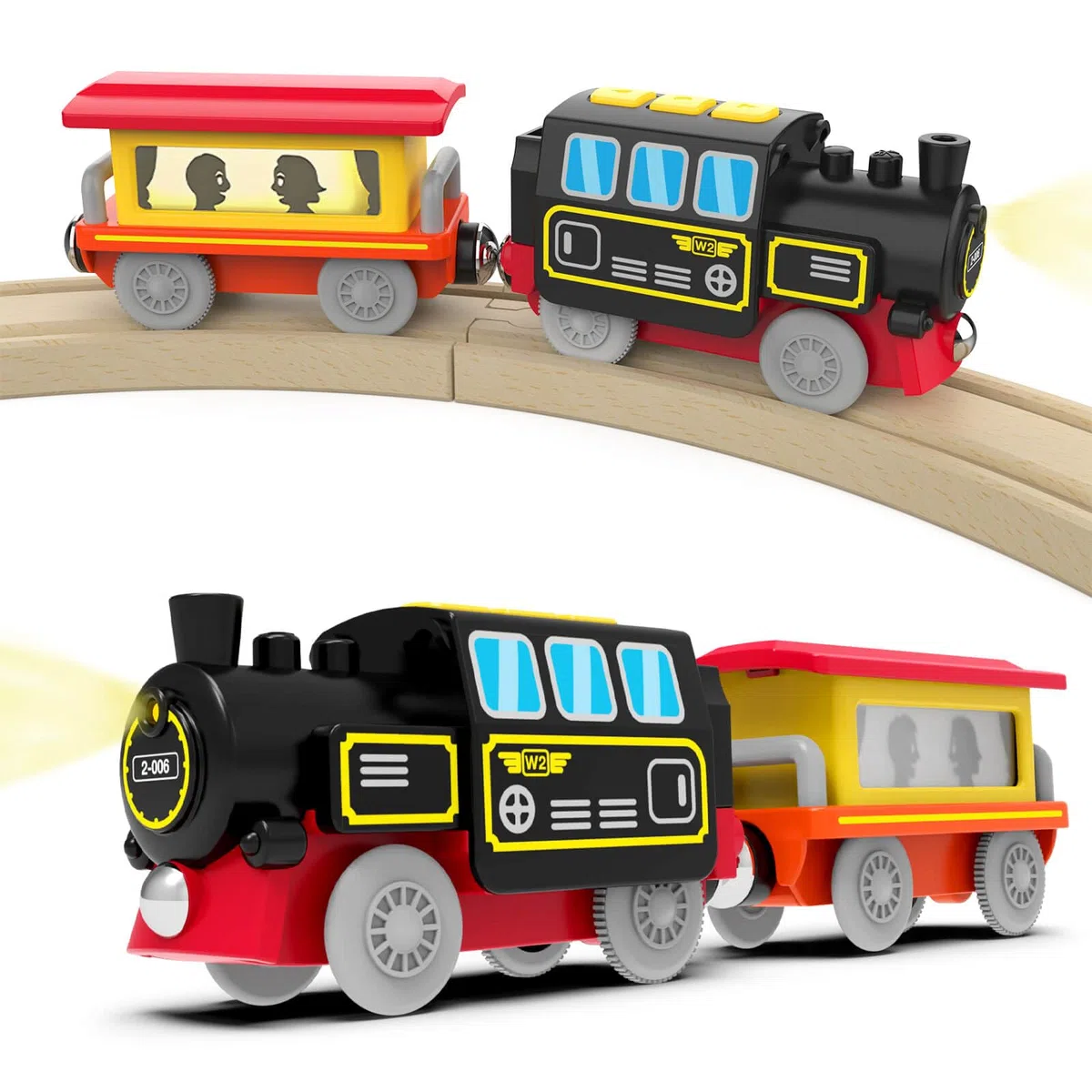 DxxD Trenino Elettrico per Bambini, Locomotiva ad Azione a Batteria con Suono e luce, Trenino Legno Giocattolo Bambino, Treno compatibile con Thomas Brio, Giocattolo Regali per Ragazze Ragazzi 3+ Anni