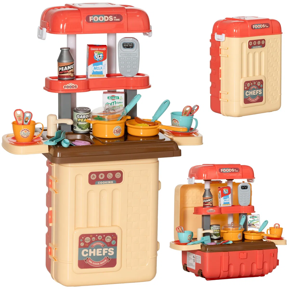 AIYAPLAY Gioco per Bambini 3 in 1 da 36 Pezzi con Tavolo per Posate, Tavolo da Pranzo e Trolley, Cucina Giocattolo in PP e ABS, 48x26x64 cm, Multicolore