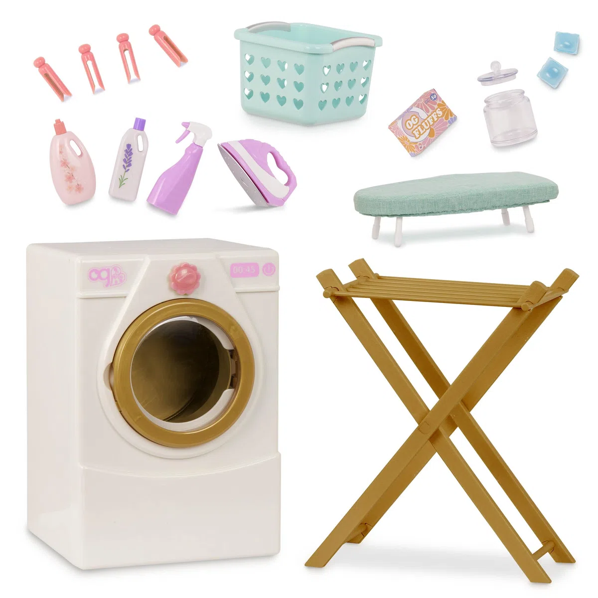 Our Generation - Giornata del bucato - Lavatrice per bambole - Stendino, ferro da stiro e set di pulizia - Accessori per la casa delle bambole da 46 cm - Giocattolo per bambini dai 3 anni in su