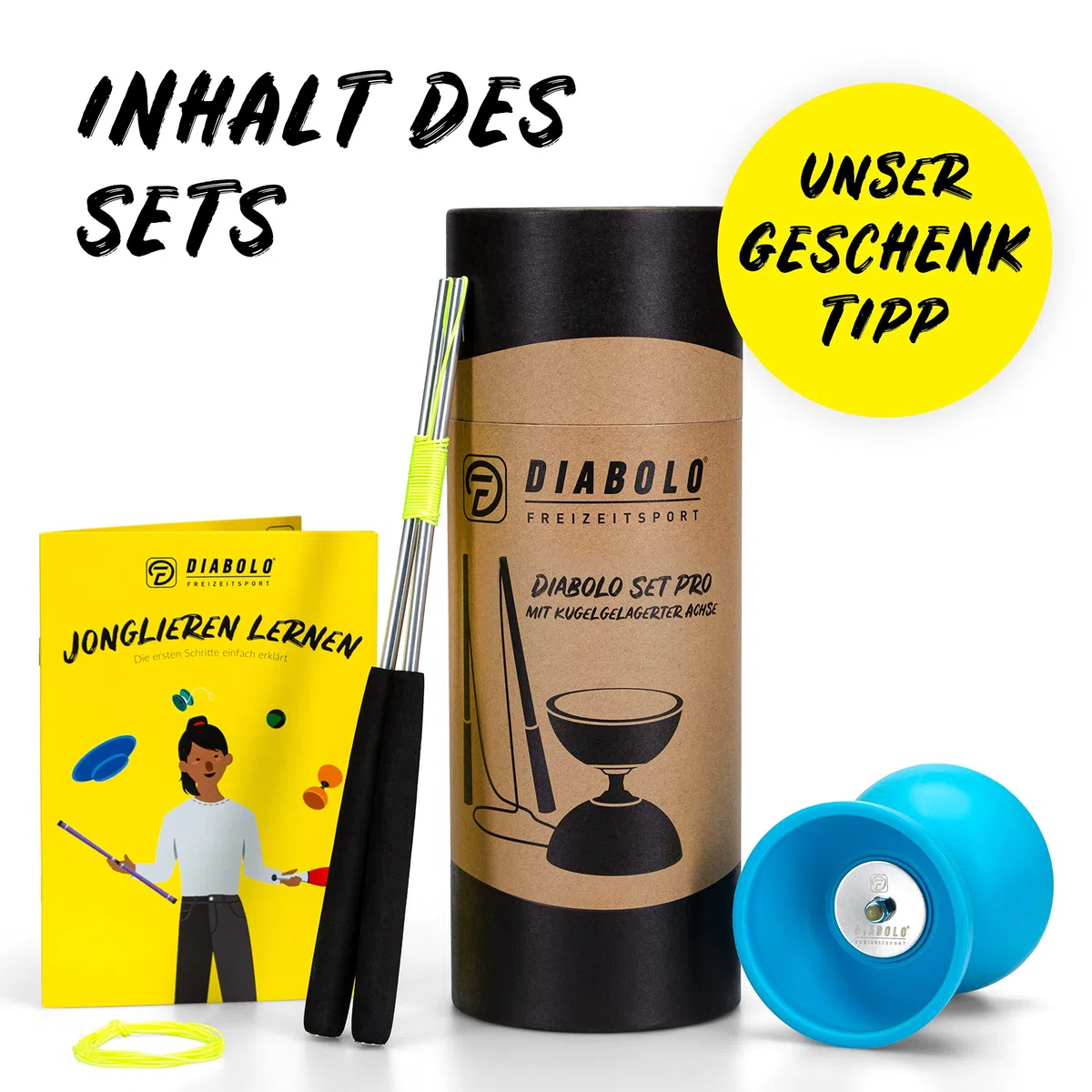 Diabolo Freizeitsport Set giocoliere Pro con cuscinetti a sfera, filo di ricambio (160 cm) e istruzioni stampate. Confezione da regalare.