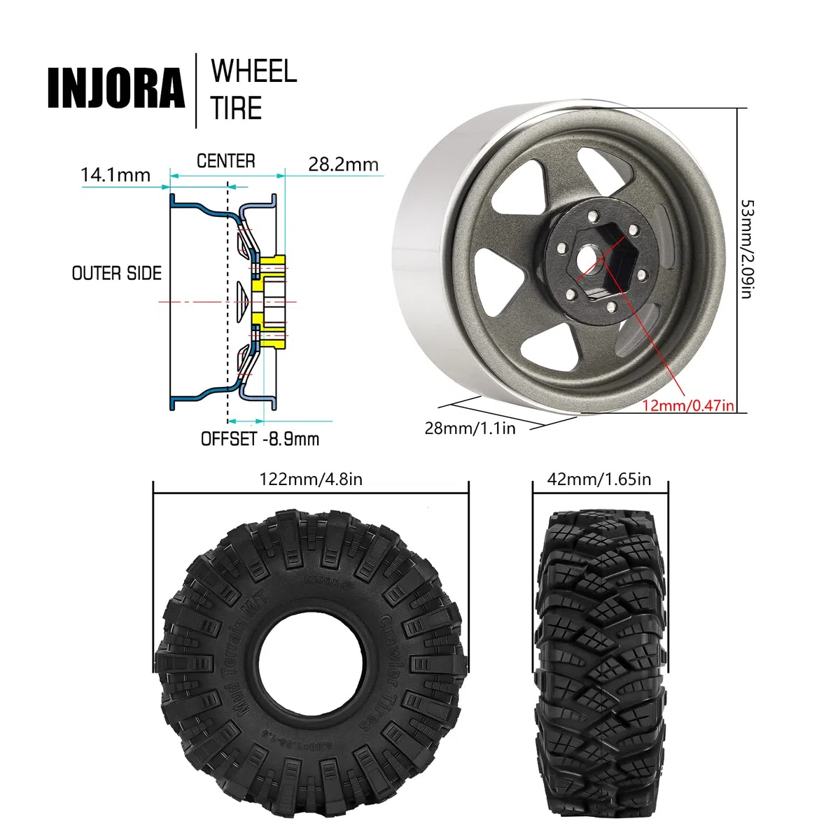 INJORA 1,9 Fango Pneumatici Offset -8.9mm Beadlock Cerchio Ruota per 1/10 RC Crawler Auto Axial SCX10 90046 UTB18 TRX4,Grigio