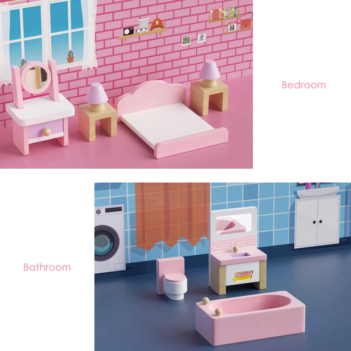 Set di Mobili per Casa delle Bambole in Legno, 5 Stanze 22 Mini Accessori Include Cucina Sala da Pranzo Soggiorno Camera da Letto Bagno per Ragazzi