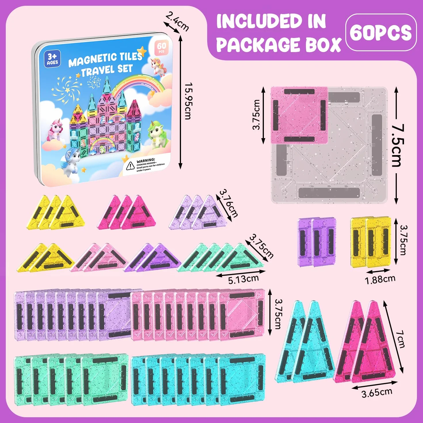 ACELIFE Blocchi da costruzione magnetici 60 pezzi, mini giocattoli magnetici per bambini, set da viaggio Montessori, set da viaggio giocattolo portatile STEM, piastrelle magnetiche per ragazzi e