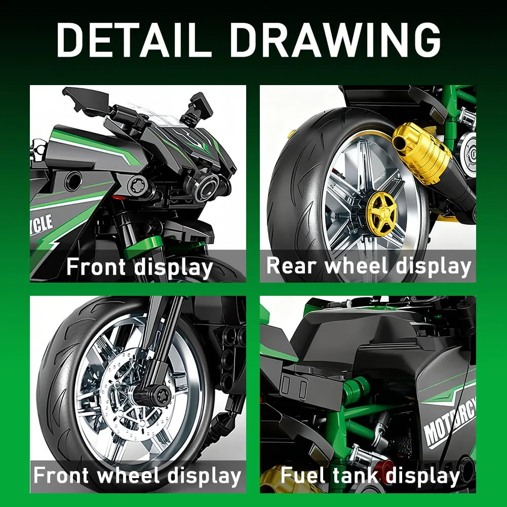 Motociclette Costruzione Modello,Collezionare Blocchi Da Costruzione Modello, Per Supermoto, Tecnica Da Corsa, Superbike,Regali Per Adulti e Bambini, Decorazioni Per l'Ufficio, 14+ (green)