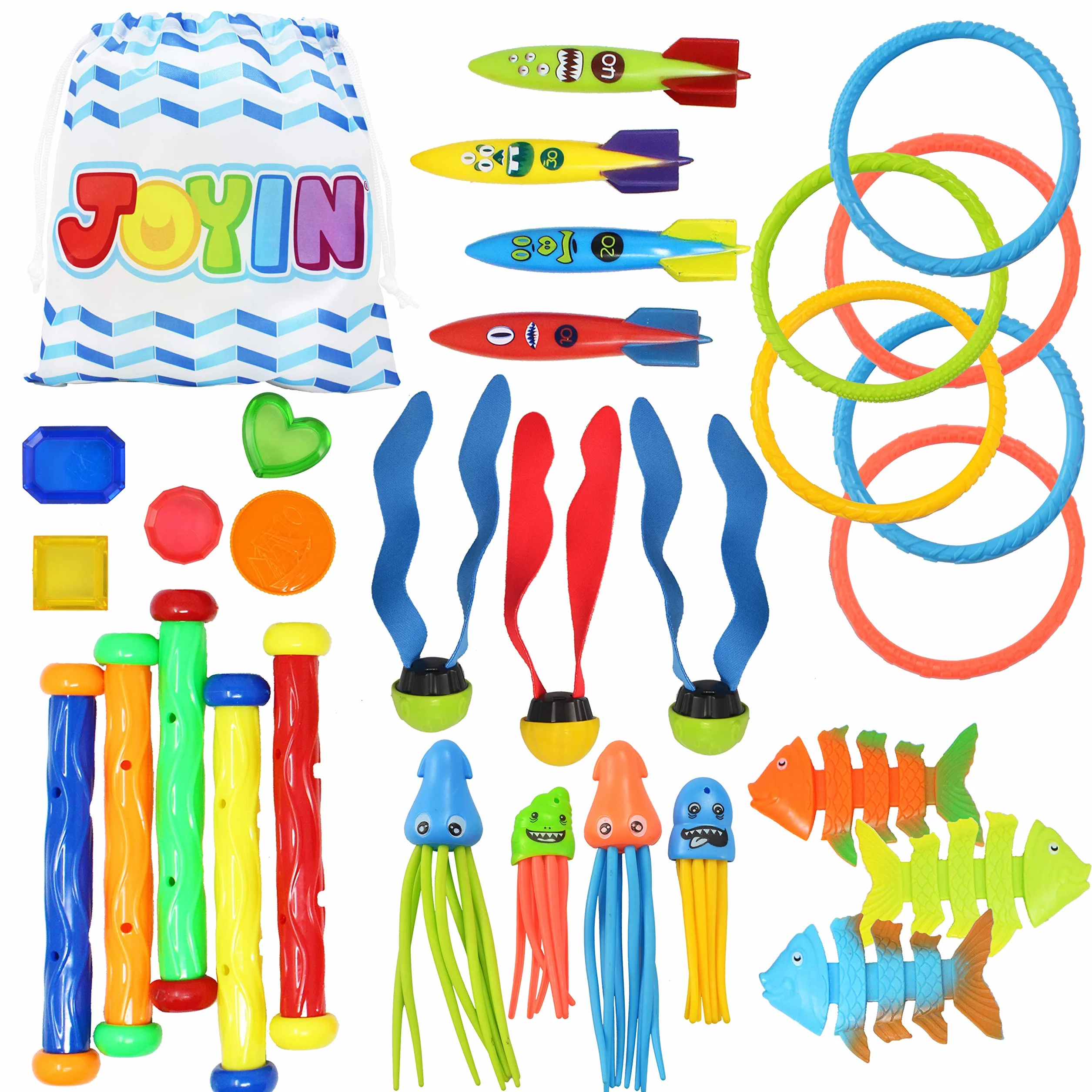 JOYIN 30 Piscina Immersione Giocattoli Giochi Acqua Bambini con Custodia Inclusa 5 Bastoncini da Immersione 6 Anelli da Immersione 5 Tesori dei Pirati 4 Siluri 3 Palline Giocattolo per Immersioni