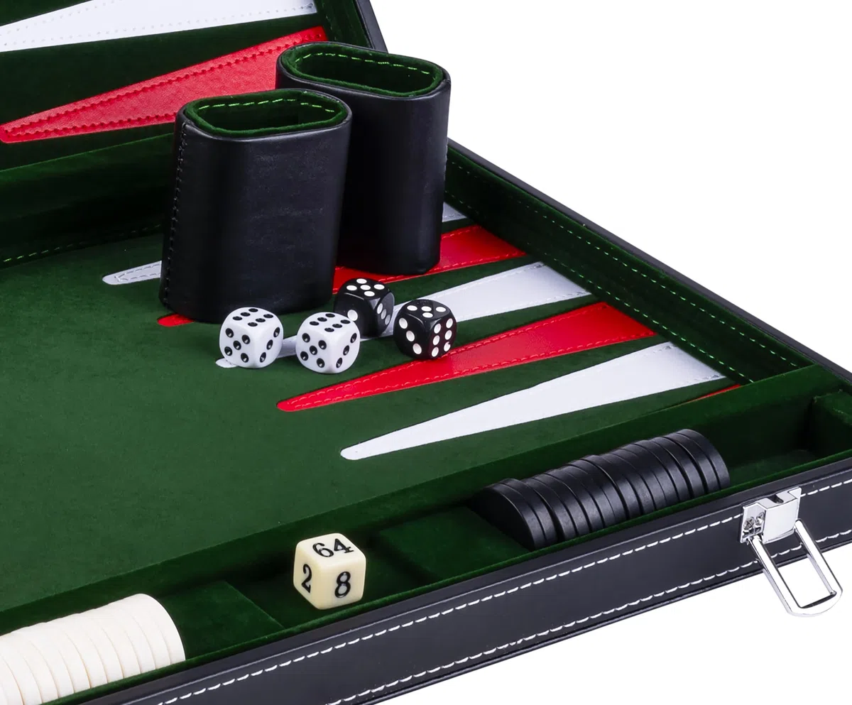 Engelhart – 250518 – Backgammon Deluxe 18” (45,5 cm) con Tavola Cucita – Valigetta Nera in Similpelle con Manico – Verde, Rosso, Bianco – Gioco da Viaggio per 2 Giocatori