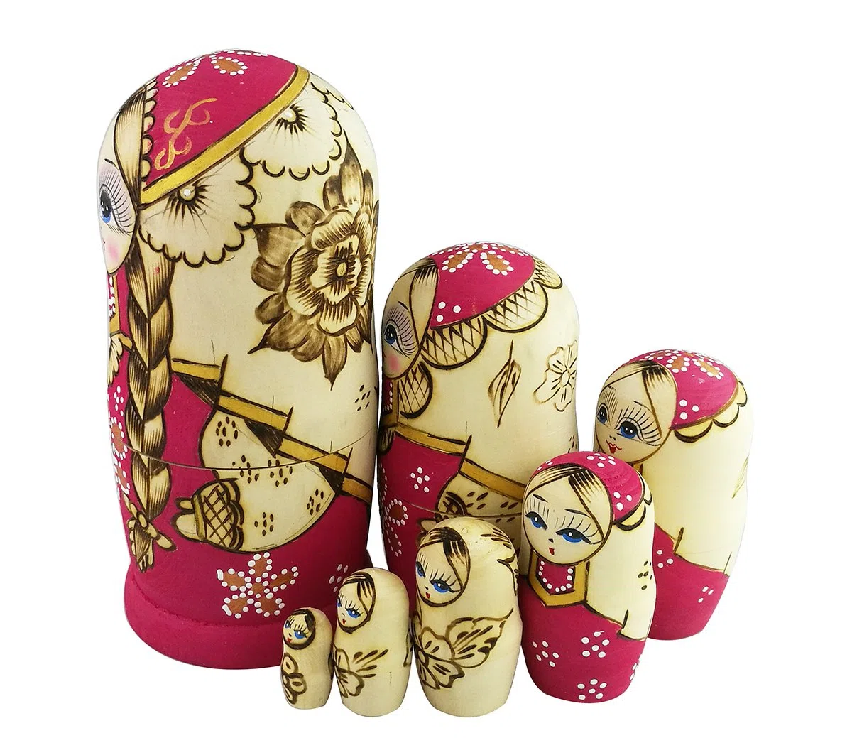 Winterworm Set 7 Pezzi Trecce Lunghe Ragazza Rosa Matrioska Bambole Babushka Bambole Tradizionali Russe di incastramento Regalo impilabile in Legno Regalo per Bambini