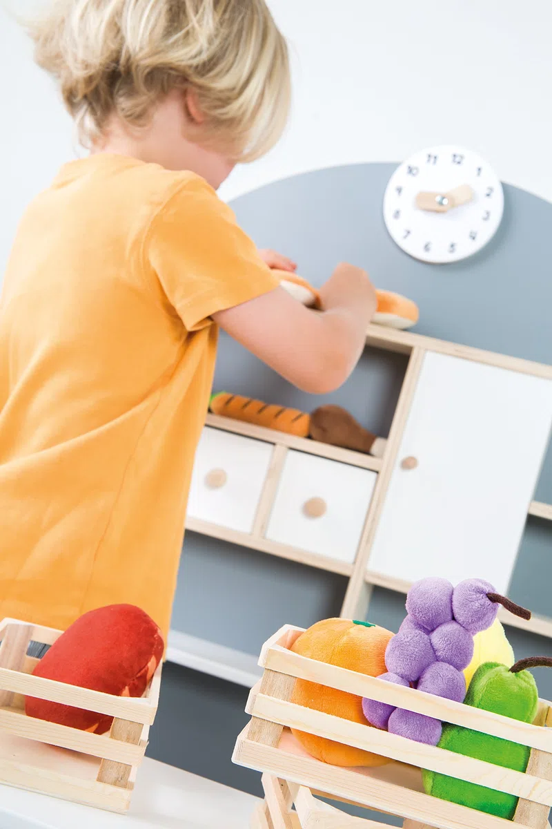 roba Negozio Giocattolo per Bambini in Legno - con Mensole e 3 Cassetti - Accessori Inclusi - Stand di Vendita a 2 Piani di Lavoro e Orologio - Legno Laccato Bianco/Grigio