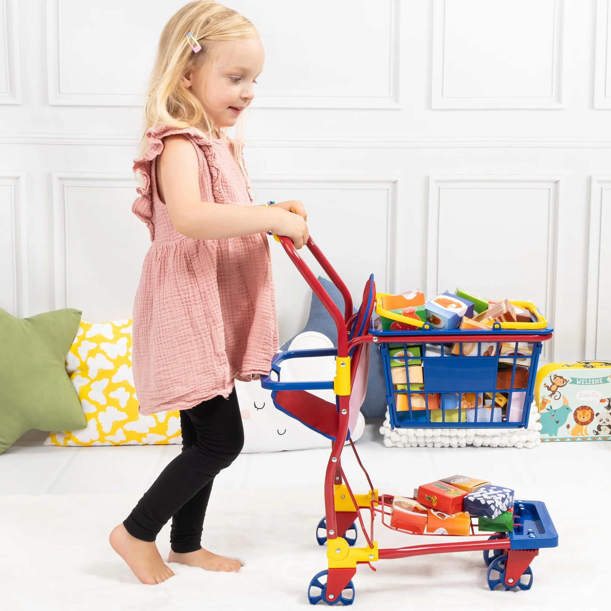 Bayer Design 75003AA Carrello della Spesa per Bambole con Sedile Integrato, Accessori per la Spesa Colorati