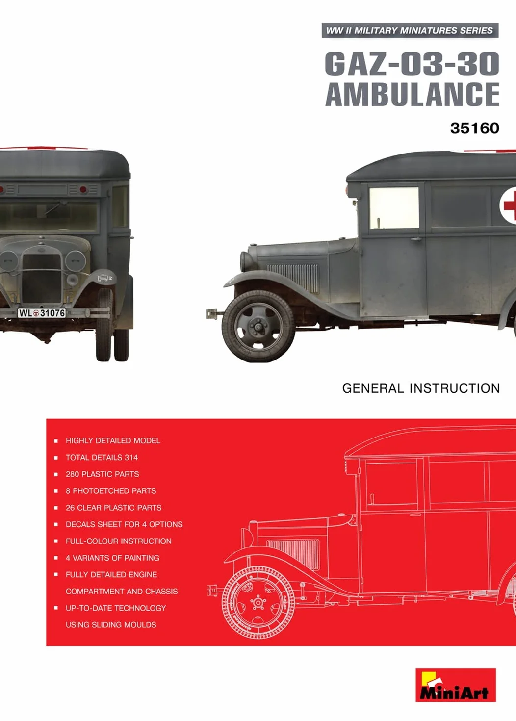 Miniart Scala 1:35 "GAZ 03-30" Ambulanza-Kit per modellismo, in plastica, Colore: Grigio