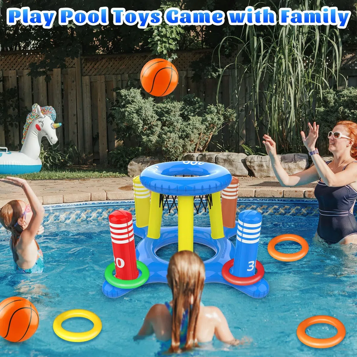 Giochi Gonfiabili per Piscina, 2 in 1 Giochi d Acqua per Piscina, Canestro da Basket Galleggianti e Lancio Dell'anello, Estate Esterno Piscina Festa Giochi per Bambino Adulto