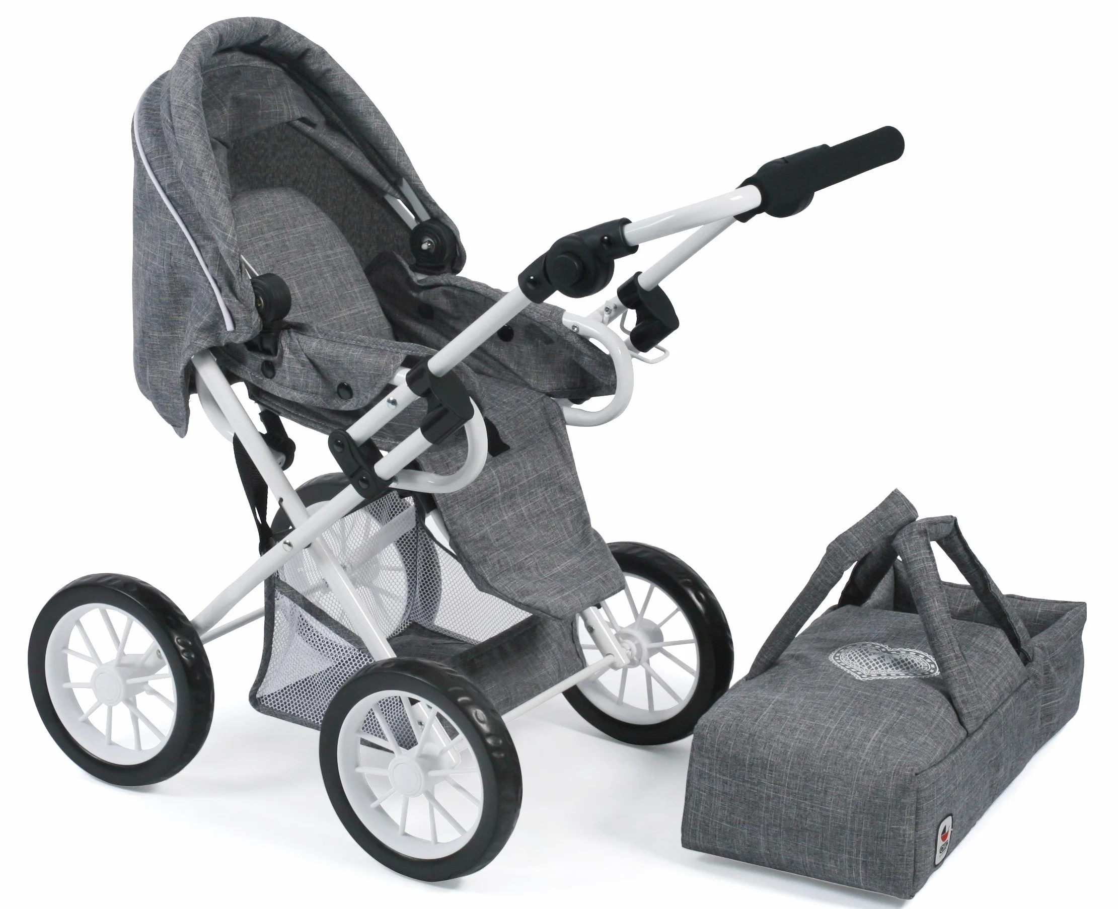 Bayer Chic 2000 - Passeggino per Bambole Leni, Passeggino Combinato 2 in 1 con Borsa per Il Trasporto Rimovibile, Jeans Grigio, 46 cm