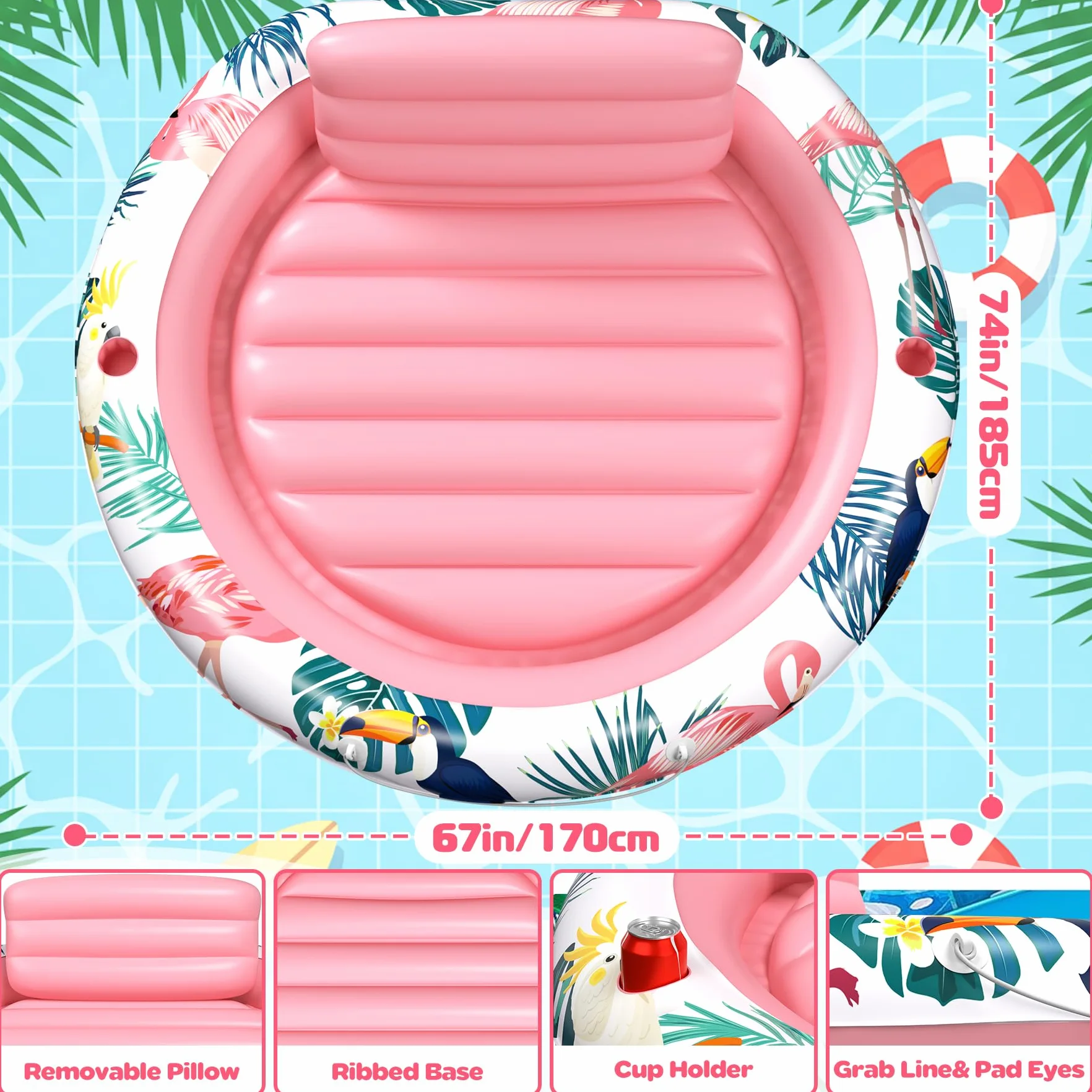 Materassino Mare Piscina con Cuscino Rimovibile e Porta Bicchieri, Materassino Gonfiabile Mare per Adulti e Bambini, Poltrona Gonfiabile Multifunzione, Gonfiabili Piscina