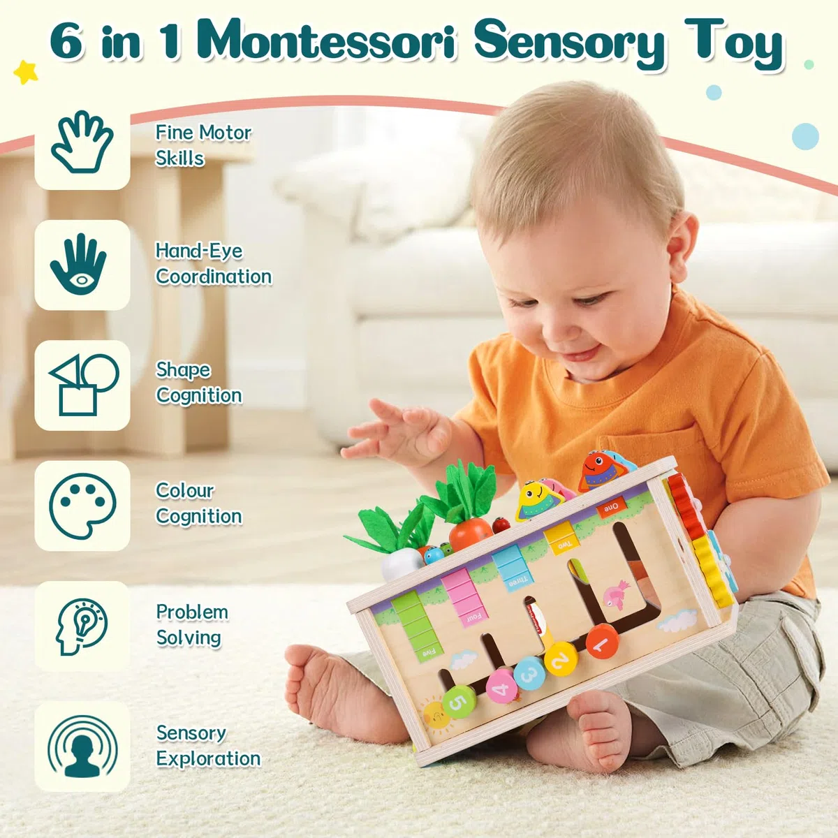 LZDMY Giochi Montessori Bambino 6-18 Mesi, 6 in 1 Scatola Fazzoletti Montessori Bambini 1 2 Anno Bambina,Cubo Multiattivita Legno, Giocattoli Educativi Sensoriali, Giochi Pesca, Giochi Neonato Regalo