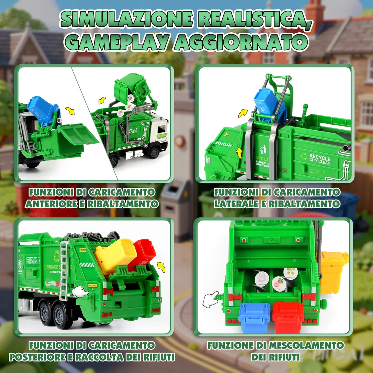 Charmofun Camion Spazzatura, Camion dei Rifiuti con 6 bidoni della spazzatura, 180 Carte del Rifiuto, Luci e Suoni, Camions Immondizia Regalo per Bambini e Bambine 3+